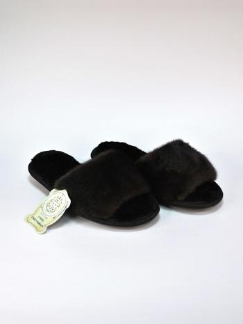 Тапочки из норки открытые коричневые - Обувная фабрика «ОвчинаТорг»