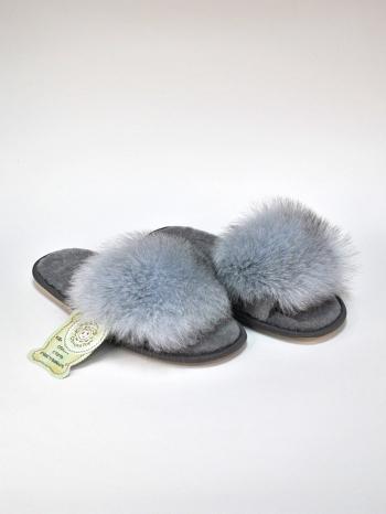 Тапочки из песца открытые серые - Обувная фабрика «ОвчинаТорг»