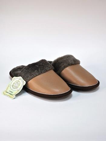 Тапочки кожаные с опушкой Бежевые - Обувная фабрика «ОвчинаТорг»