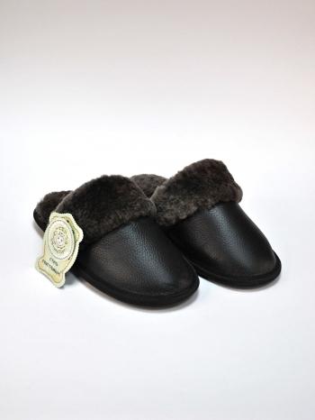 Тапочки кожаные с опушкой Черные - Обувная фабрика «ОвчинаТорг»