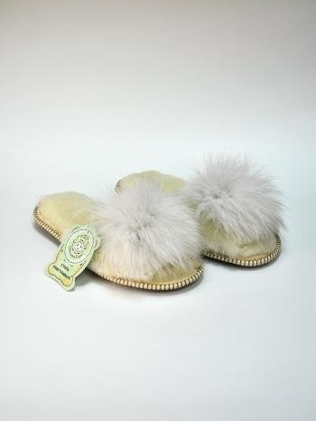Тапочки женские с бубоном открытые Белые - Обувная фабрика «ОвчинаТорг»