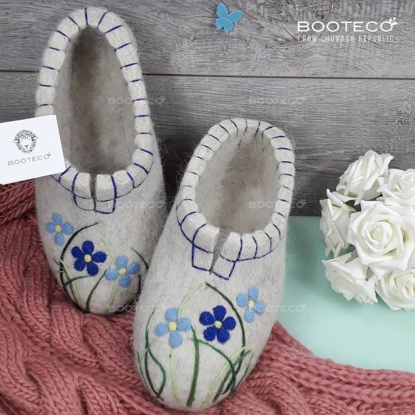 Валяные тапочки Луговые цветы (синие) - Обувная фабрика «Booteco»